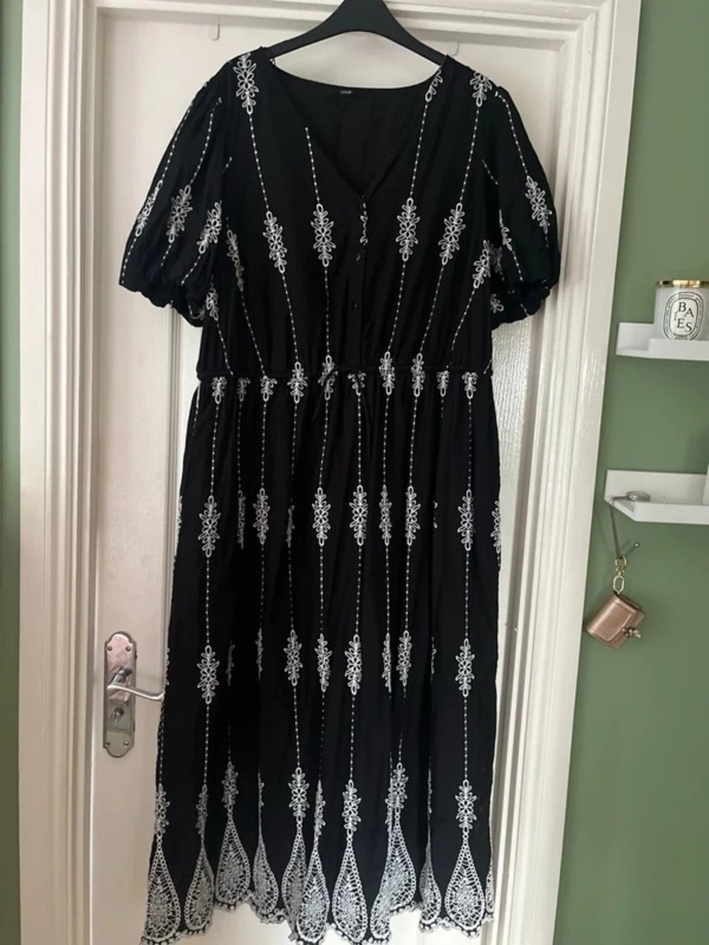Black Embroidered Midi Dress with White Motifs